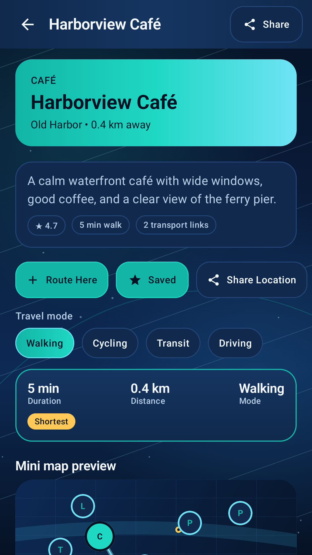 GuideGlide Navigator place and route details screen